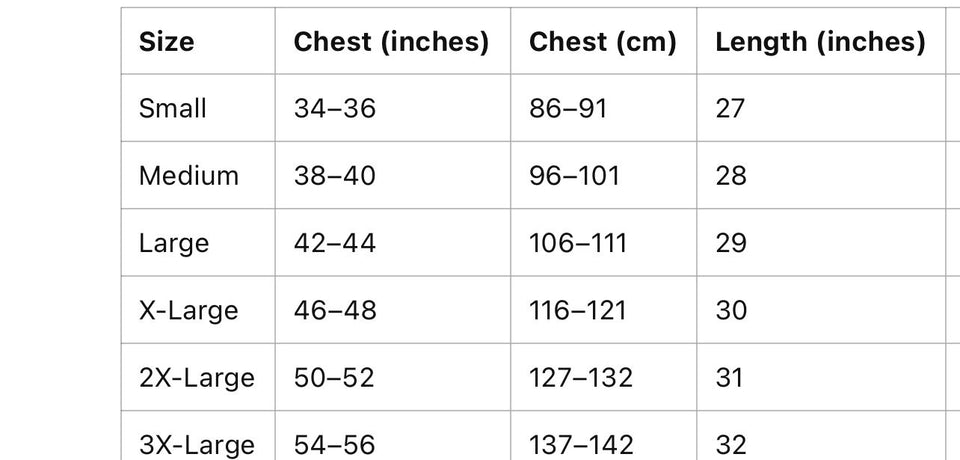 Sizing Chart Tee Shirt